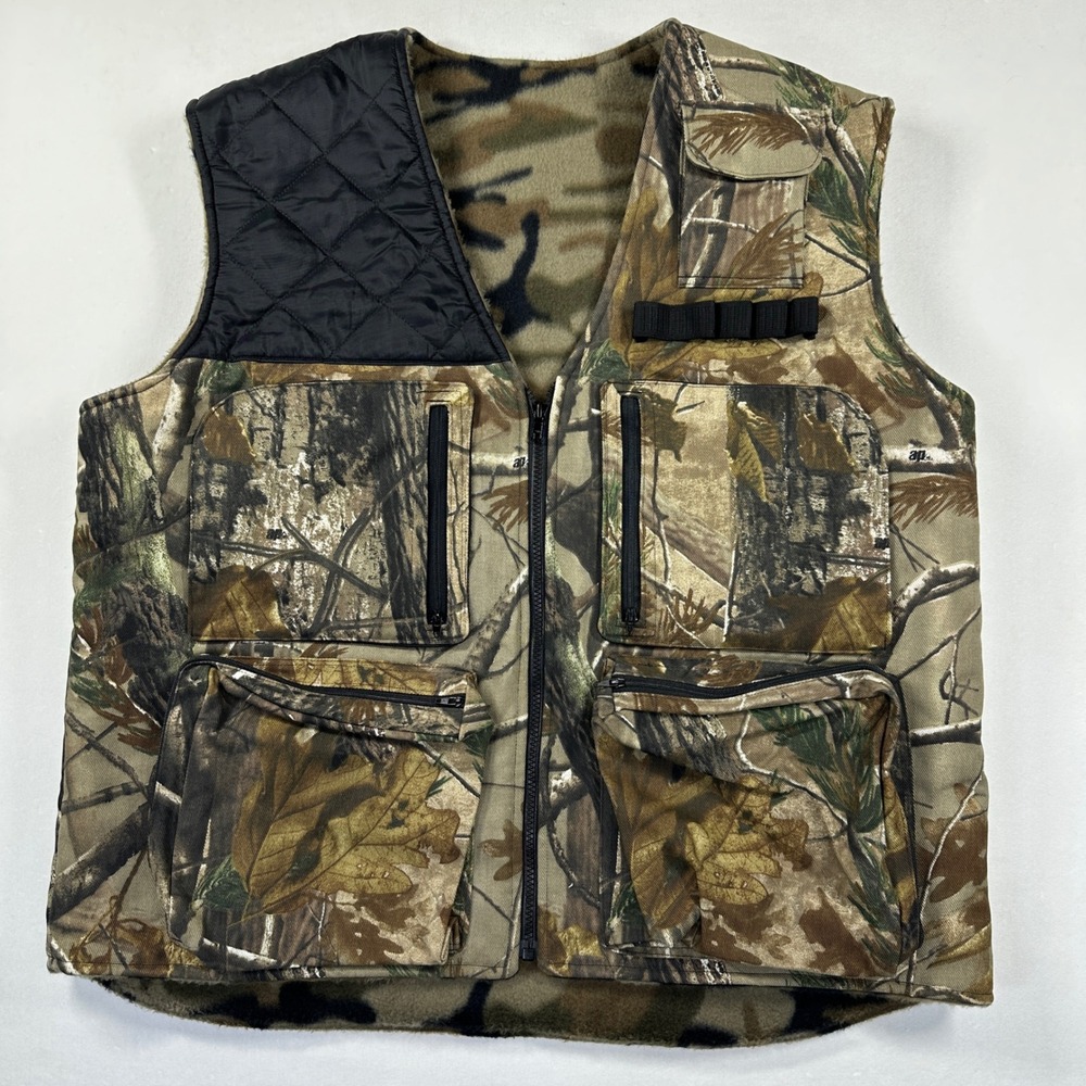 Vtg Realtree AP Canvas Camo Hunting Vest L/XL Fleece Lining Shooting Tactical